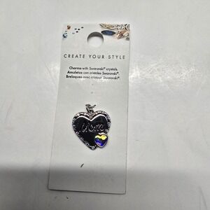 Silver Tone Mom Heart Charm With Swarovski Crystals